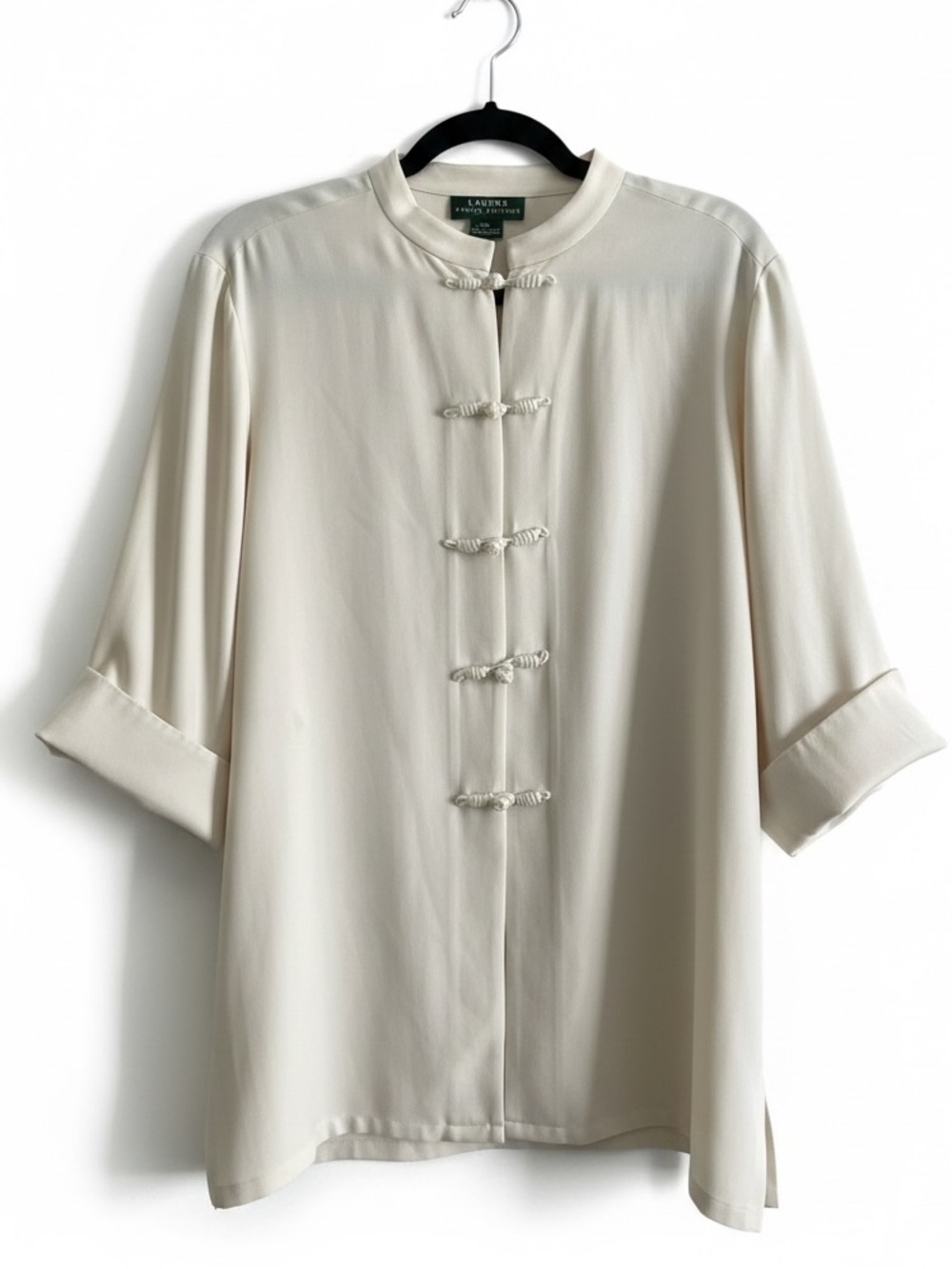 Lauren Ralph Lauren Green Label Cream 100% Silk Blouse Mandarin Sz PL Kimono